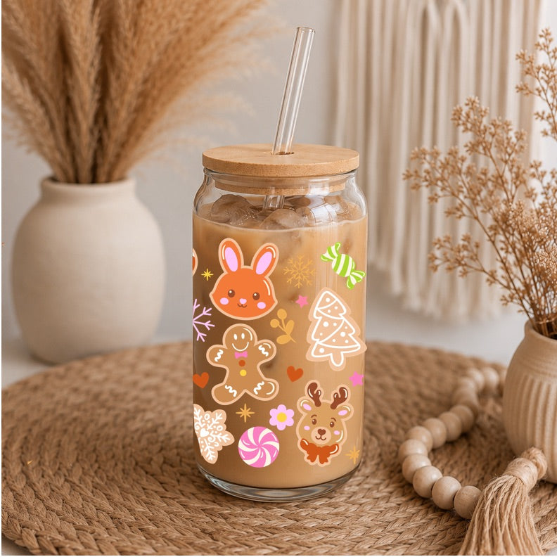 Cute Christmas Libbey Glass | 16oz Iced Coffee Glass | Gingerbread & Bunny Glass Can | Holiday Coffee Cup | Bamboo Lid & Glass Straw