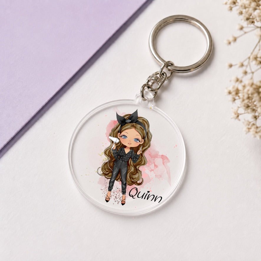 Personalised Hairdresser Girl Keyring | Custom Name Keyring | Bag Tag Gift