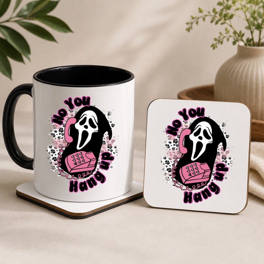 Funny Horror Mug & Coaster Set | No You Hang Up Ghost Mug | Spooky Coffee Mug | Ghost Face Mug | Halloween Mug Gift | Gothic Mug & Coaster