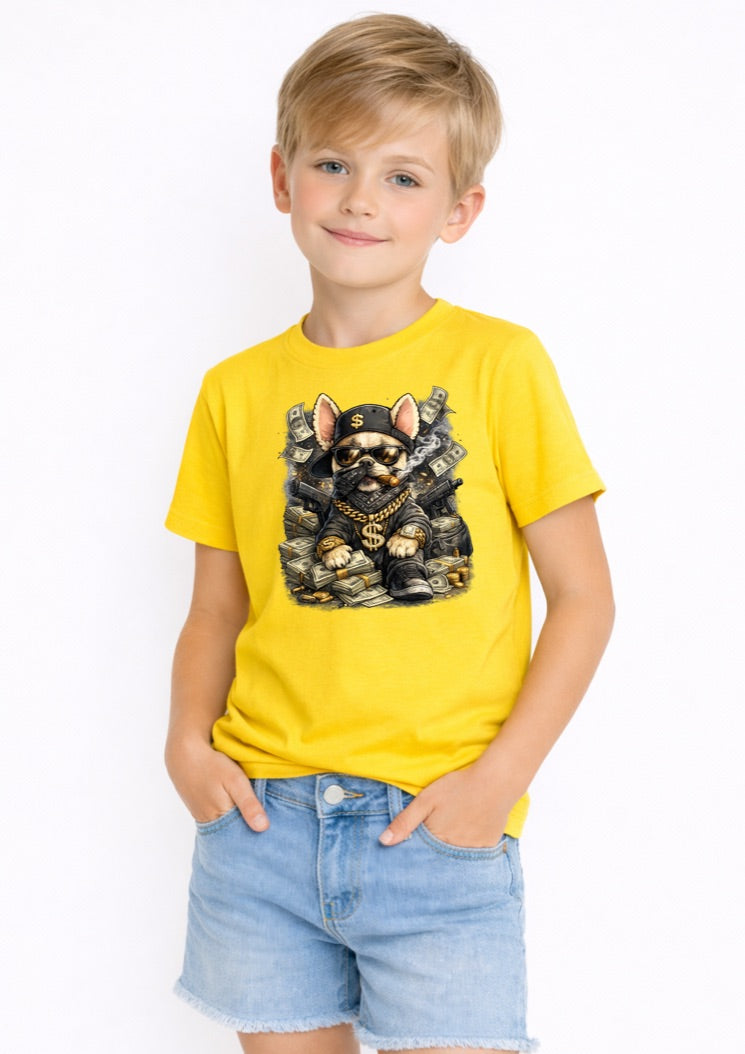 Cool Money Dog Kids T-Shirt – Hip Hop Puppy Graphic Tee for Boys