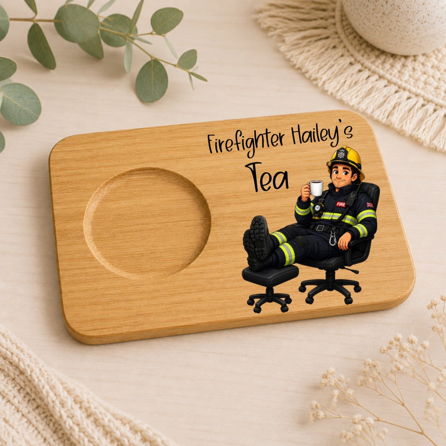 Personalised Firefighter Tea & Biscuit Board | Custom Firefighter Gift | Bamboo Tea Board | Firefighter Mug Board | Fire Service Gift | Tea Lover Gift