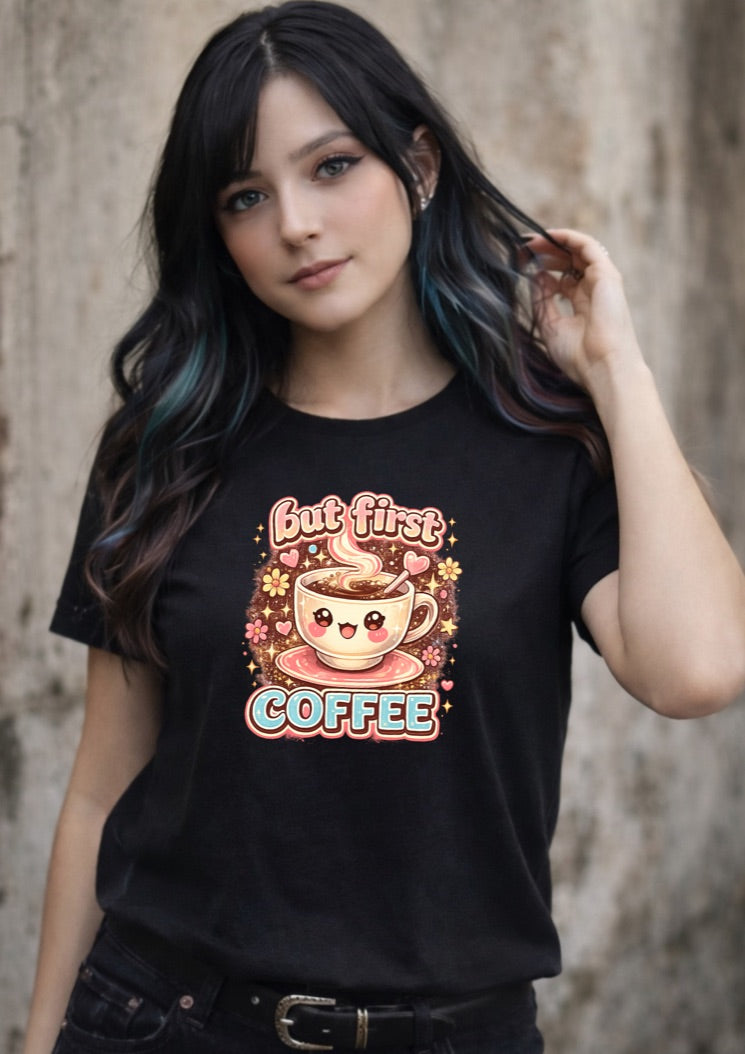But First Coffee Graphic T-Shirt – Cute Kawaii Coffee Lover Unisex Tee | Funny Café Aesthetic Shirt