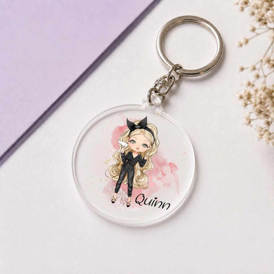 Personalised Hairdresser Girl Keyring | Custom Name Keyring | Bag Tag Gift