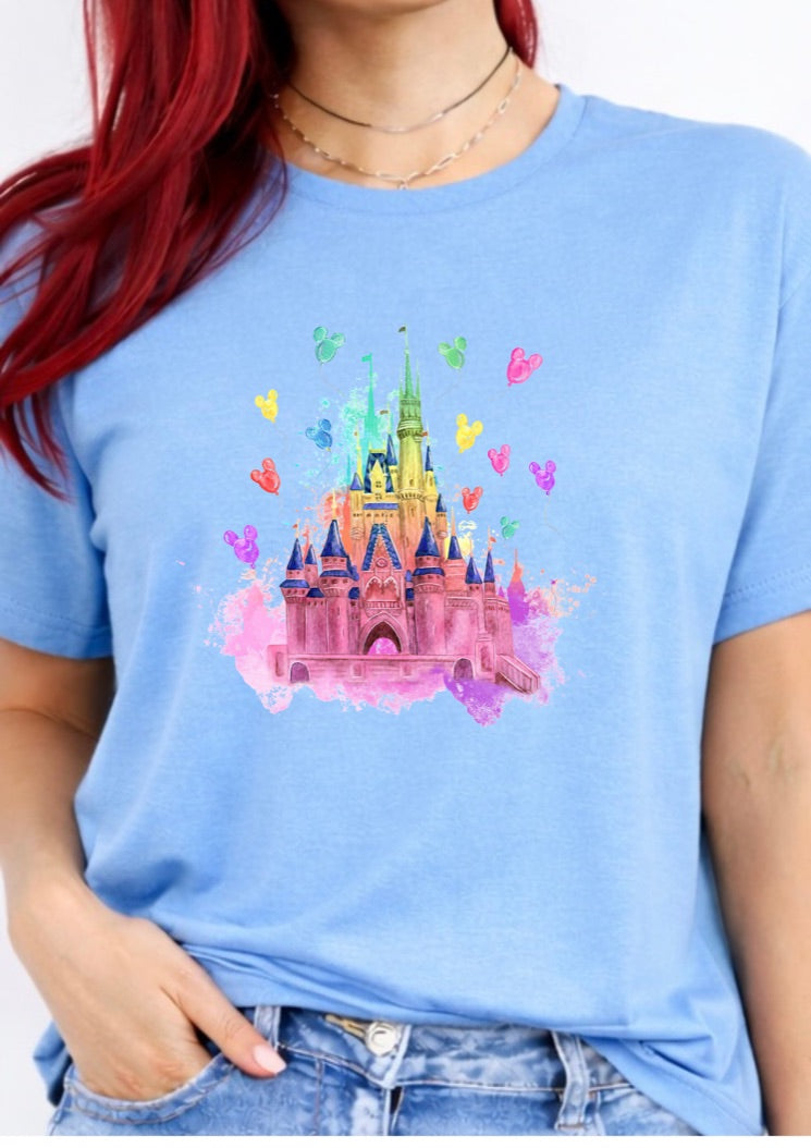 Watercolor Fairytale Castle T-Shirt – Colorful Magic Kingdom Inspired Graphic Tee