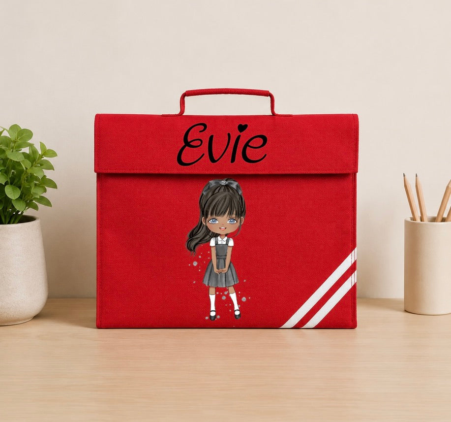 Personalised School Girl With Fringe Book Bag – Custom Chibi Design 🎒✨