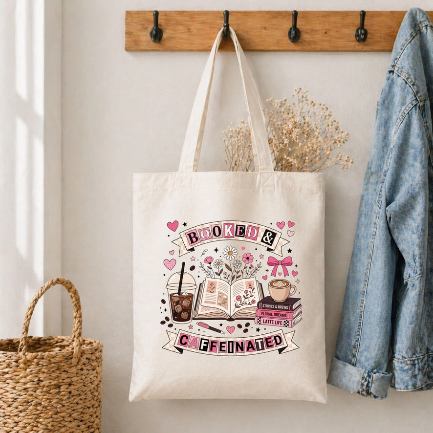 Booked & Caffeinated Cotton Tote Bag – Reusable Shopping Bag | Eco-Friendly Everyday Canvas Tote | Beach, School & Work Bag