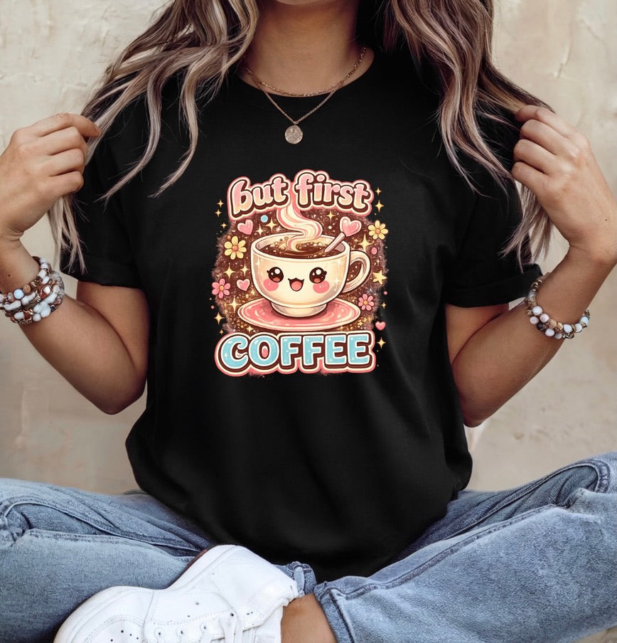 But First Coffee Graphic T-Shirt – Cute Kawaii Coffee Lover Unisex Tee | Funny Café Aesthetic Shirt