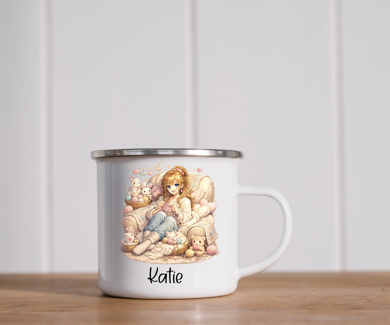 Personalised Knitting Anime Girl Enamel Mug | Custom Name Cozy Camping Cup
