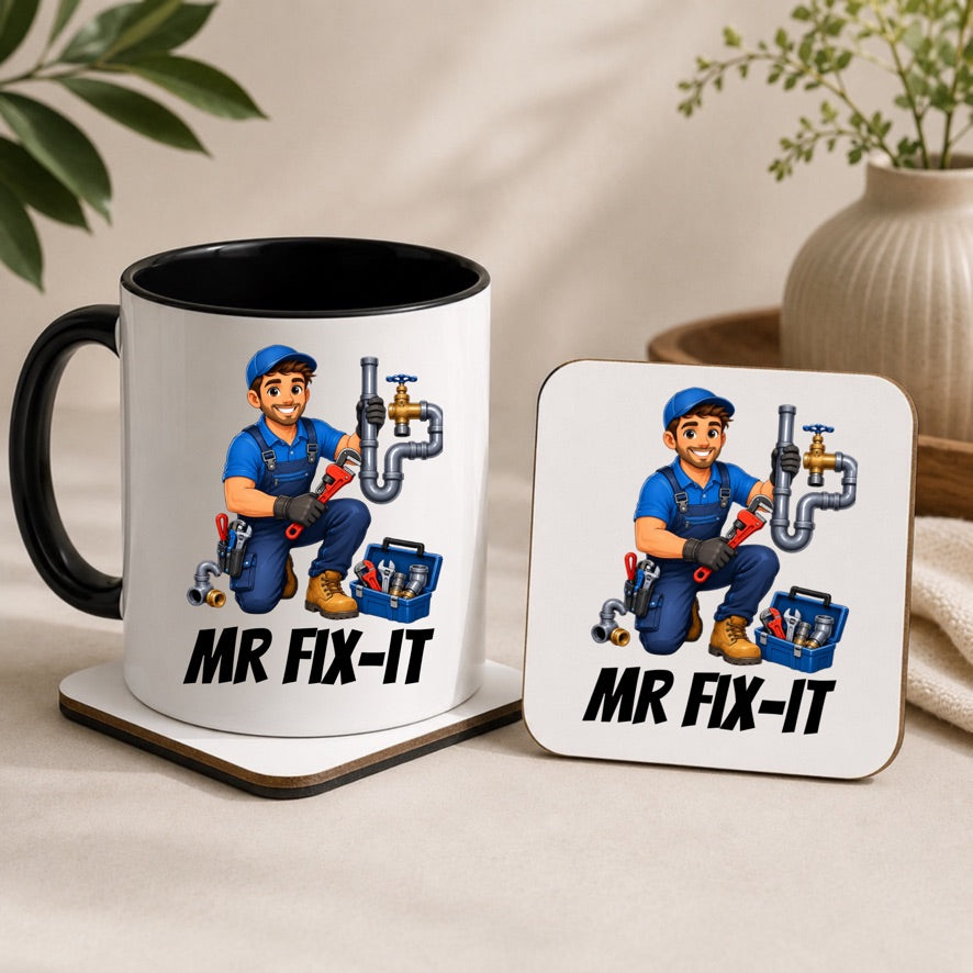 Mr Fix-It Plumber Mug & Coaster Gift Set | Plumber Gift | Funny Tradesman Mug | DIY Lover Gift | Non Personalised