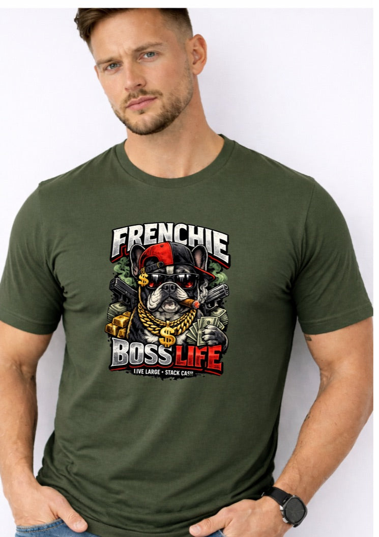 Frenchie Boss Life T-Shirt – Funny Bulldog Graphic Tee – Hip Hop Dog Shirt for Men