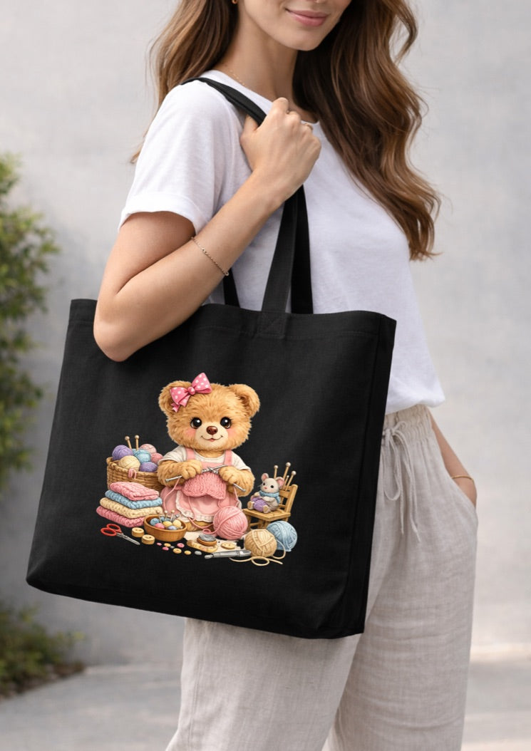 Knitting Teddy Bear Tote Bag