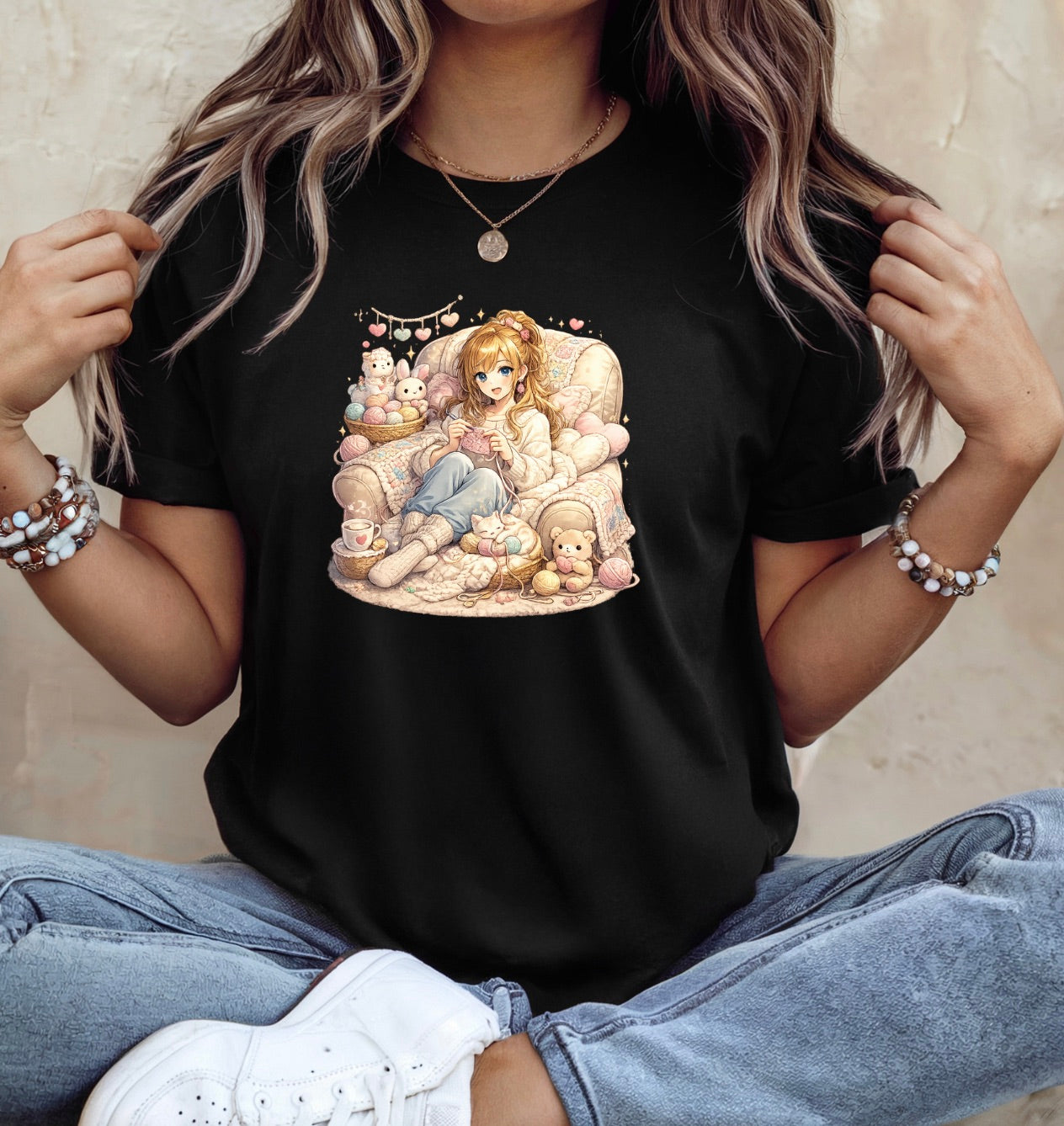 Cozy Kawaii Knitting Girl T-Shirt | Cute Anime Aesthetic Graphic Tee