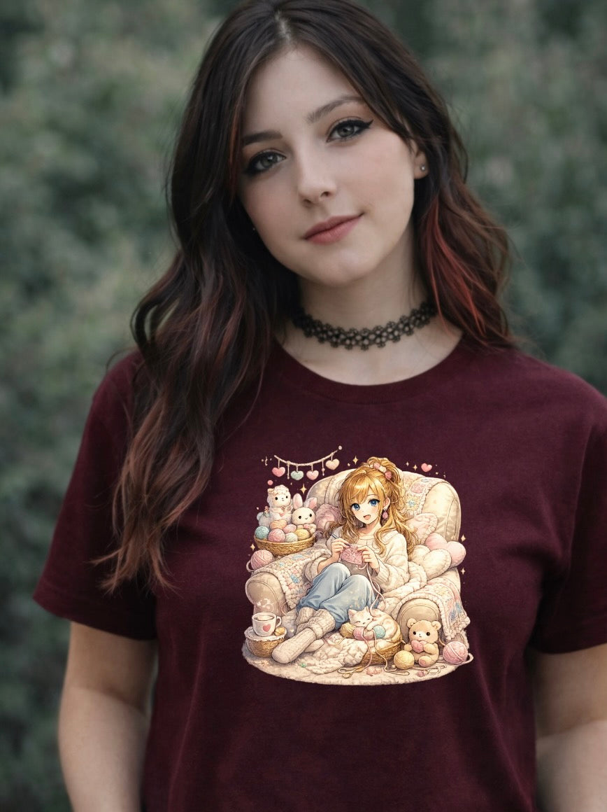 Cozy Kawaii Knitting Girl T-Shirt | Cute Anime Aesthetic Graphic Tee