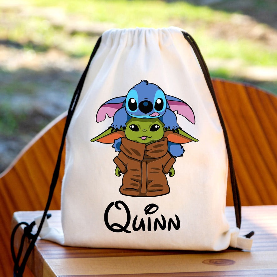 Personalised Stitch & Baby Yoda Drawstring Gym Bag | Custom Name PE Bag | Kids School Sports Bag | Nursery Drawstring Bag | Swimming Bag | Gift for Boys & Girls