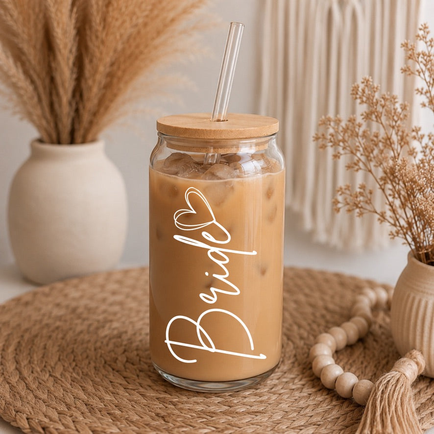 Bride Libbey Glass Can | 16oz Glass Iced Coffee Cup | Bridal Gift | Future Mrs Glass Cup | Hen Party Drinkware | Wedding Morning Cup