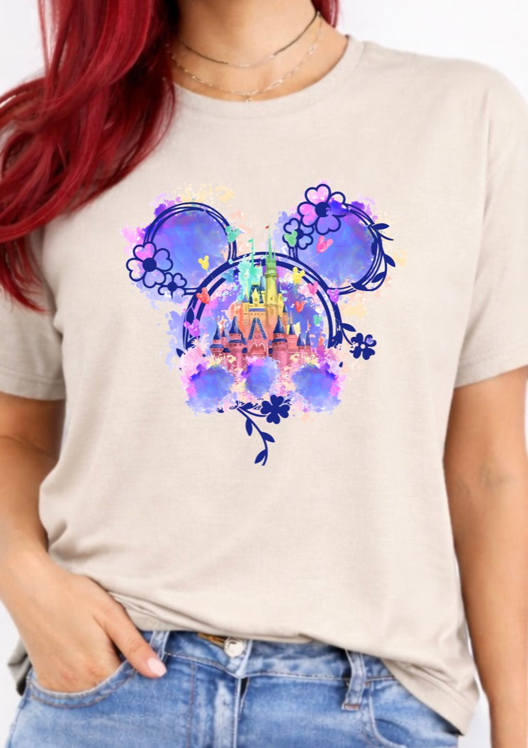 Watercolour Castle Mouse Ears Floral T-Shirt – Magical Theme Park Inspired Graphic Tee