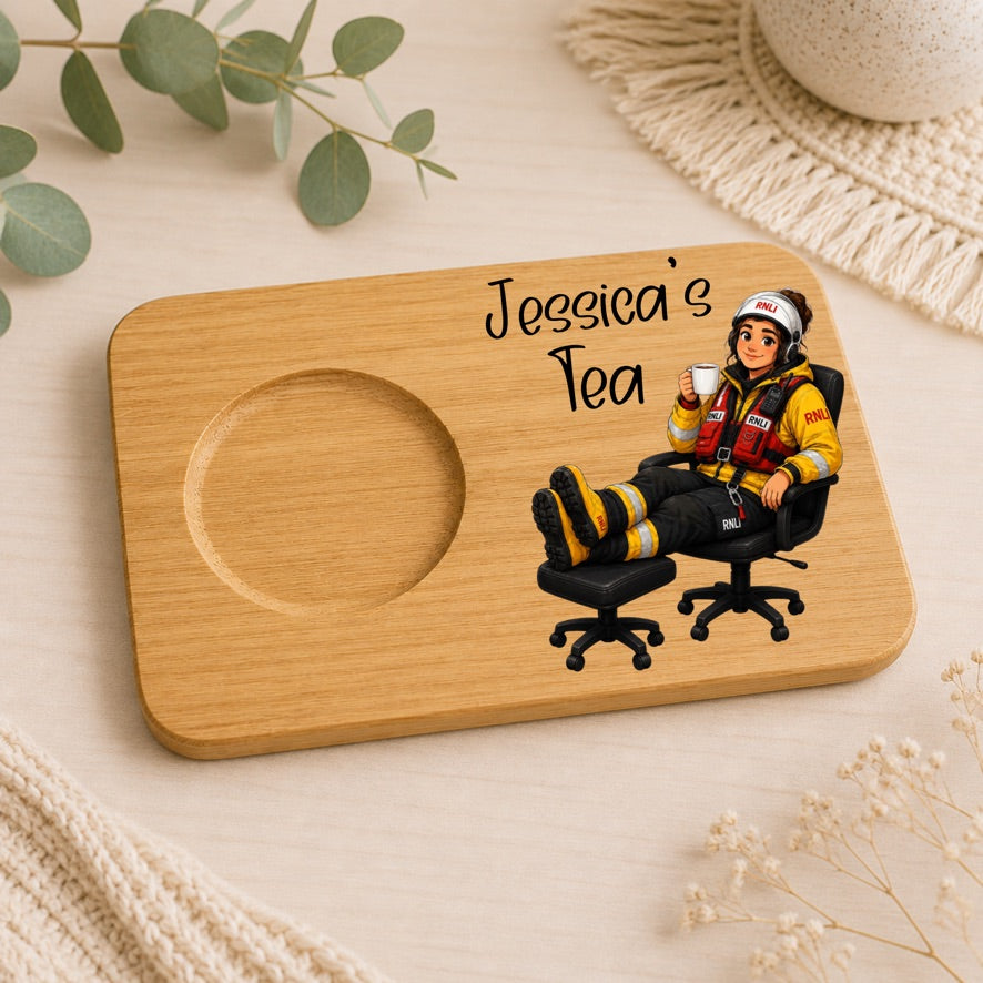 Personalised Female RNLI Tea & Biscuit Board | Custom Lifeboat Crew Gift | RNLI Volunteer Gift | Bamboo Tea Board | Lifesaver Gift | Tea Lover Gift