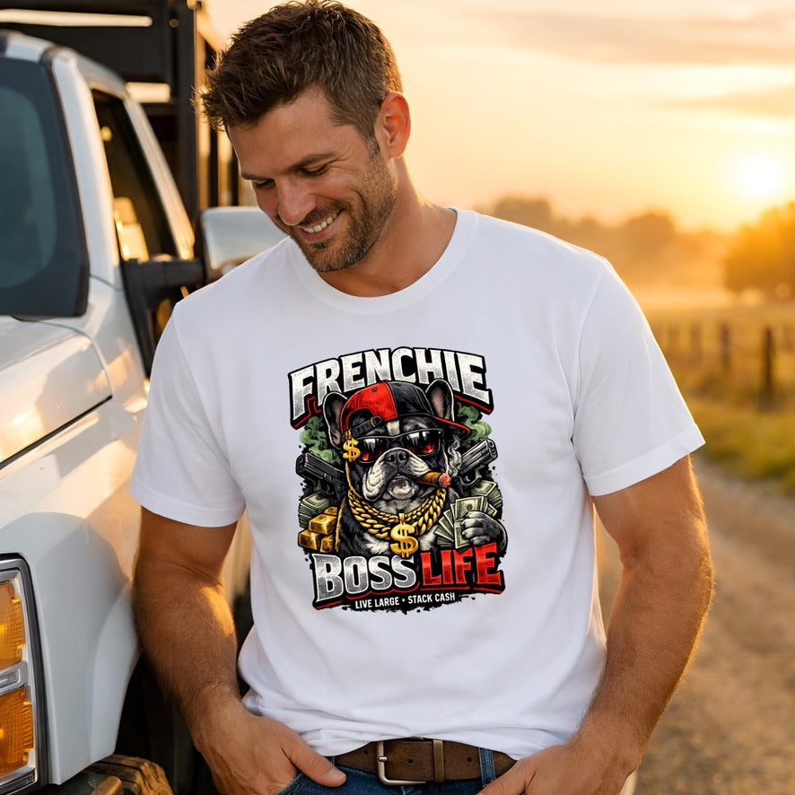 Frenchie Boss Life T-Shirt – Funny Bulldog Graphic Tee – Hip Hop Dog Shirt for Men