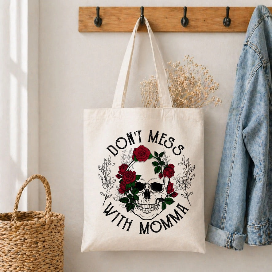 Skull & Roses Don't Mess With Mama Cotton Tote Bag – Reusable Shopping Bag | Eco-Friendly Everyday Canvas Tote | Beach, School & Work Bag