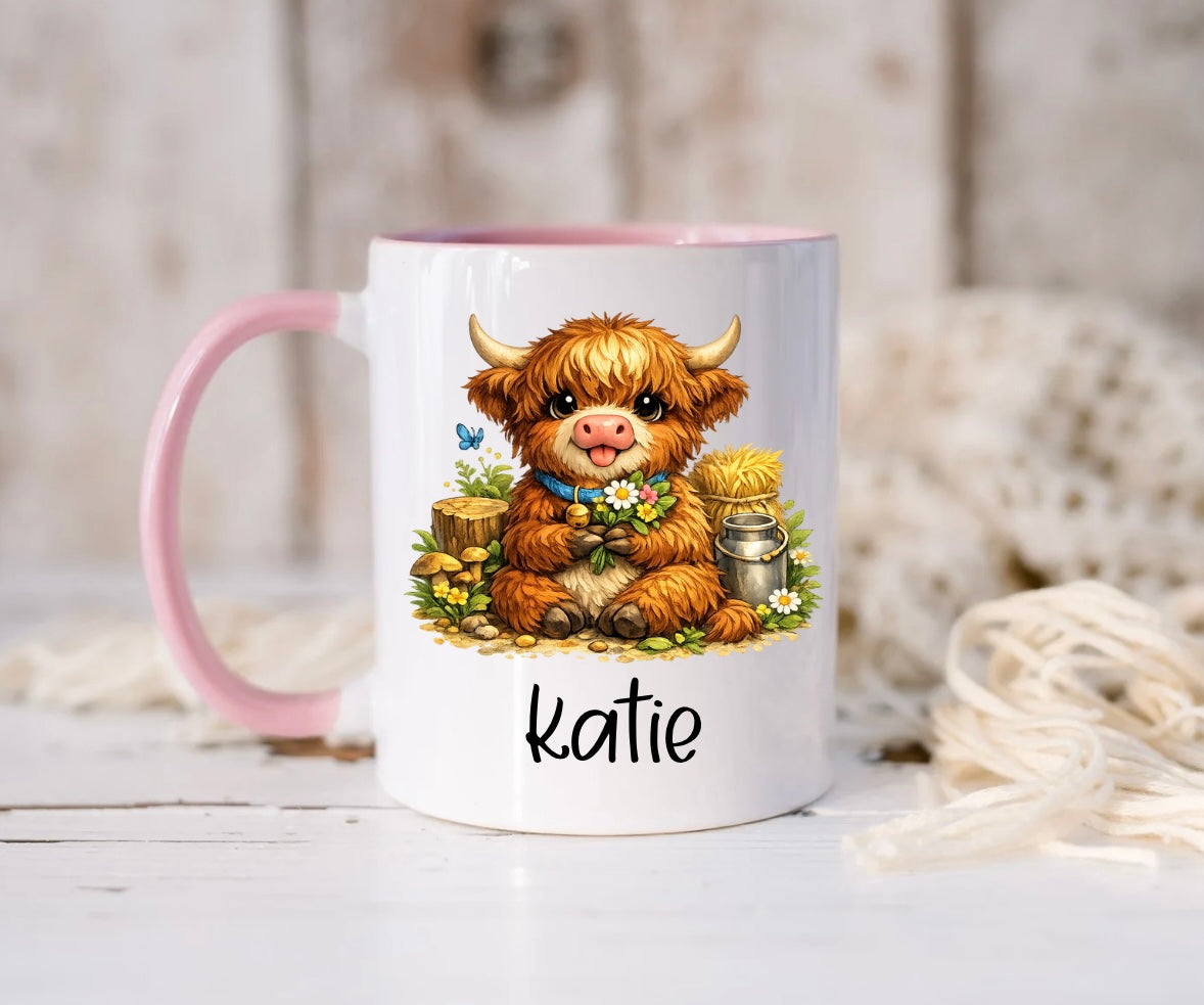 Personalised Highland Cow Mug – Custom Name Coffee Cup