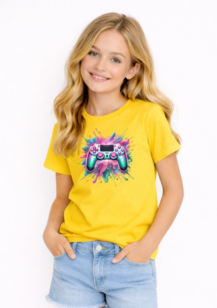 Kids Gamer Controller T-Shirt – Colourful Video Game Graphic Tee for Girls