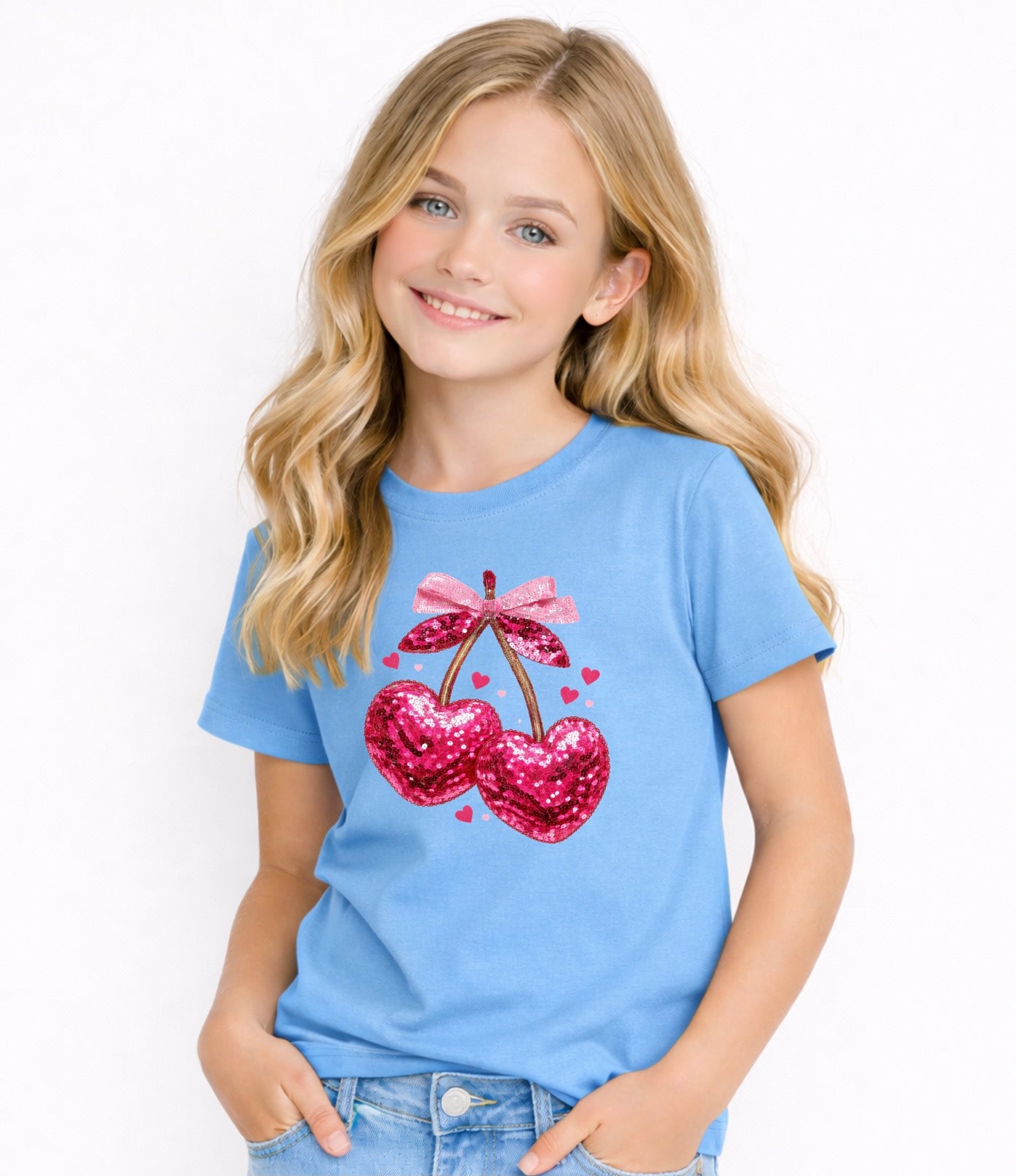 Cute Cherry Hearts Kids Graphic T-Shirt – Pink Sparkle Love Design for Girl