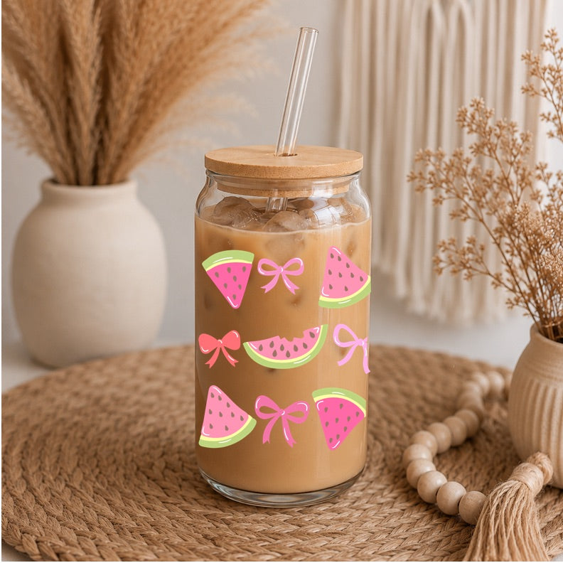 Cute Watermelon Libbey Glass | 16oz Watermelon Iced Coffee Glass | Pink Bow Glass Can | Summer Aesthetic Cup | Bamboo Lid & Glass Straw