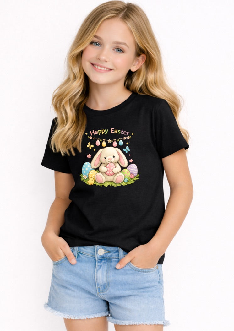 Happy Easter Bunny Kids T-Shirt – Cute Easter Egg Graphic Tee for Girls