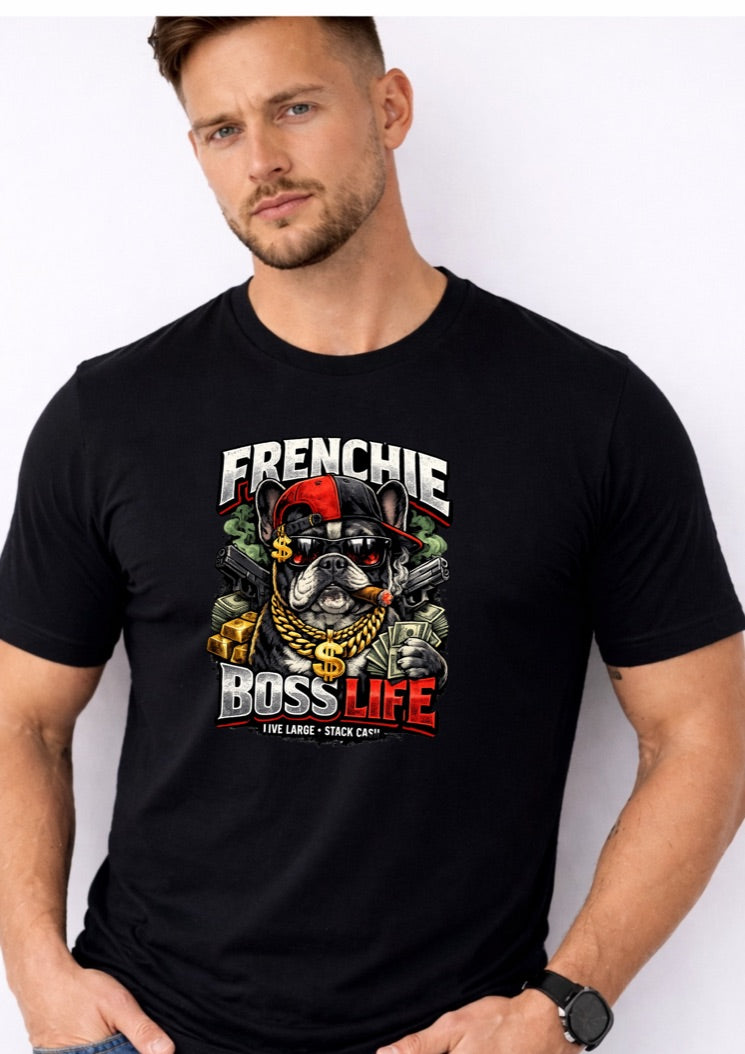 Frenchie Boss Life T-Shirt – Funny Bulldog Graphic Tee – Hip Hop Dog Shirt for Men