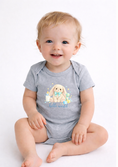 Blue Hello World Bunny Baby Bodysuit – Cute Newborn Announcement Outfit, Soft Neutral Baby Onesie