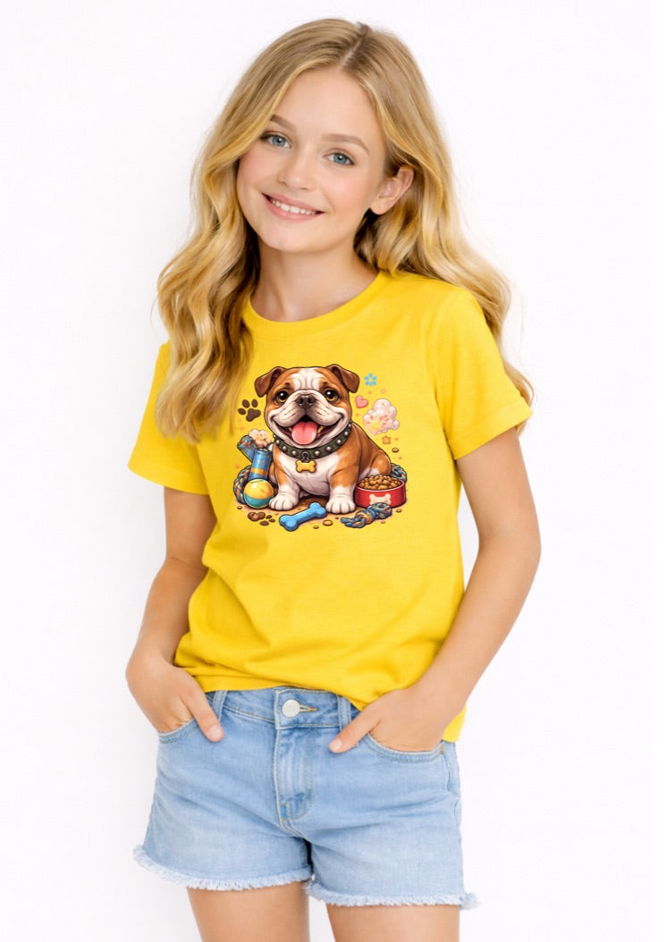 Cute English Bulldog Kids T-Shirt – Adorable Bulldog Puppy Graphic Tee for Girls