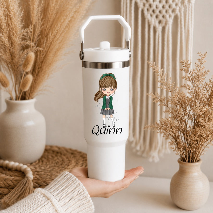 Personalised Fringe School Girl 30oz Tumbler | Custom Name School Water Bottle | Insulated Stainless Steel Travel Cup | Back to School Gift