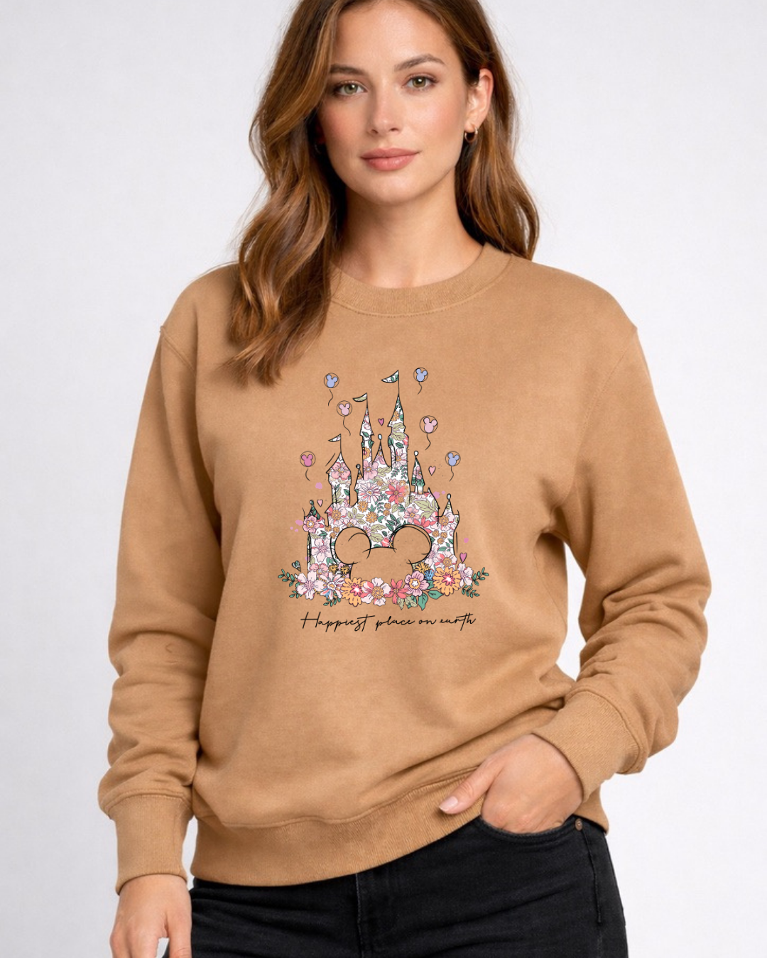 Flower Castle Happiest Place On Earth Disney Sweatshirt – Cozy Graphic Crewneck, Unisex Disney Style Jumper