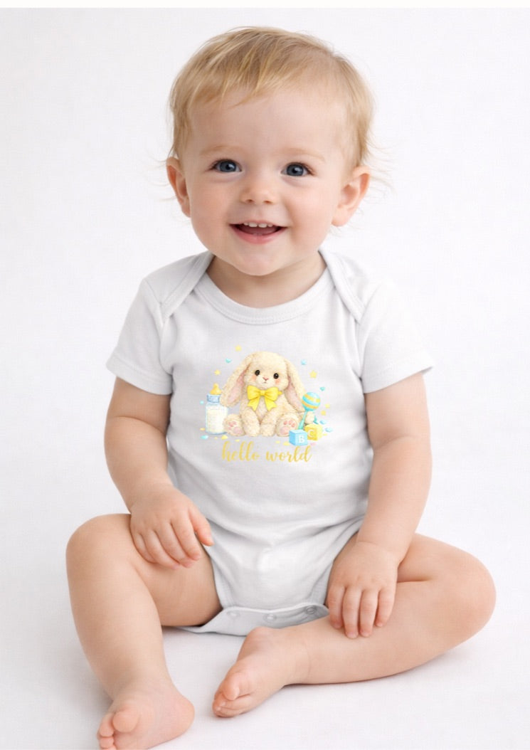 Yellow Hello World Bunny Baby Bodysuit – Cute Newborn Announcement Outfit, Soft Neutral Baby Onesie
