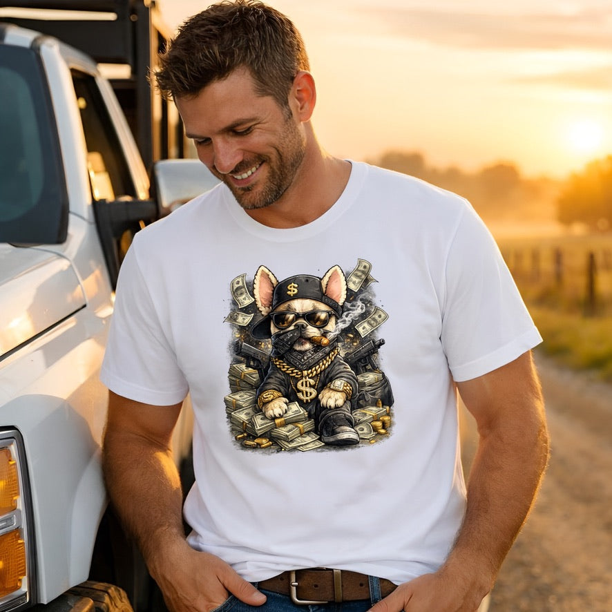 Gangster French Bulldog Graphic T-Shirt – Streetwear Money Dog Unisex Tee | Urban Hip Hop Style Shirt