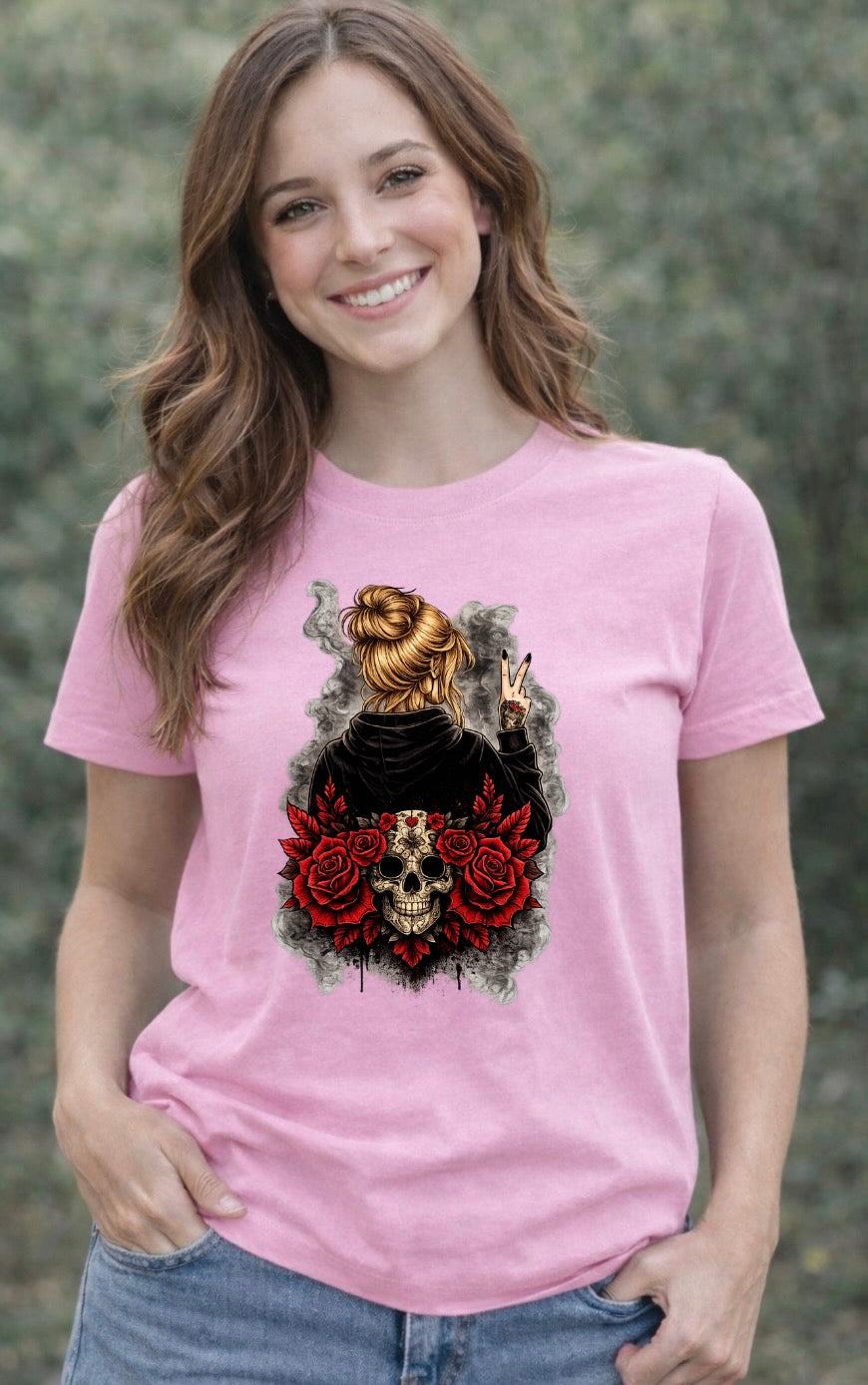 Gothic Skull & Red Roses Graphic T-Shirt – Alternative Peace Sign Girl Unisex Tee -Tattoo-Style Shirt