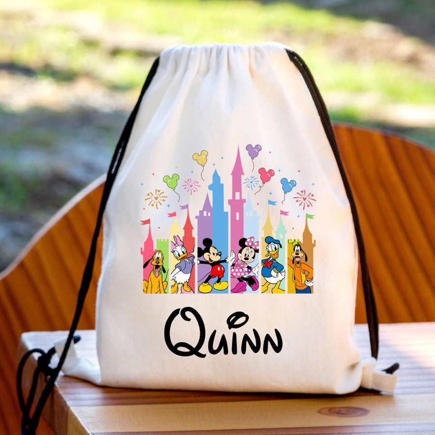 Personalised Mickey Gang Castle Drawstring Gym Bag | Custom Name PE Bag | Kids School Sports Bag | Nursery Drawstring Bag | Swimming Bag | Gift for Boys & Girls