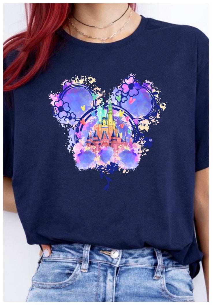 Watercolour Castle Mouse Ears Floral T-Shirt – Magical Theme Park Inspired Graphic Tee
