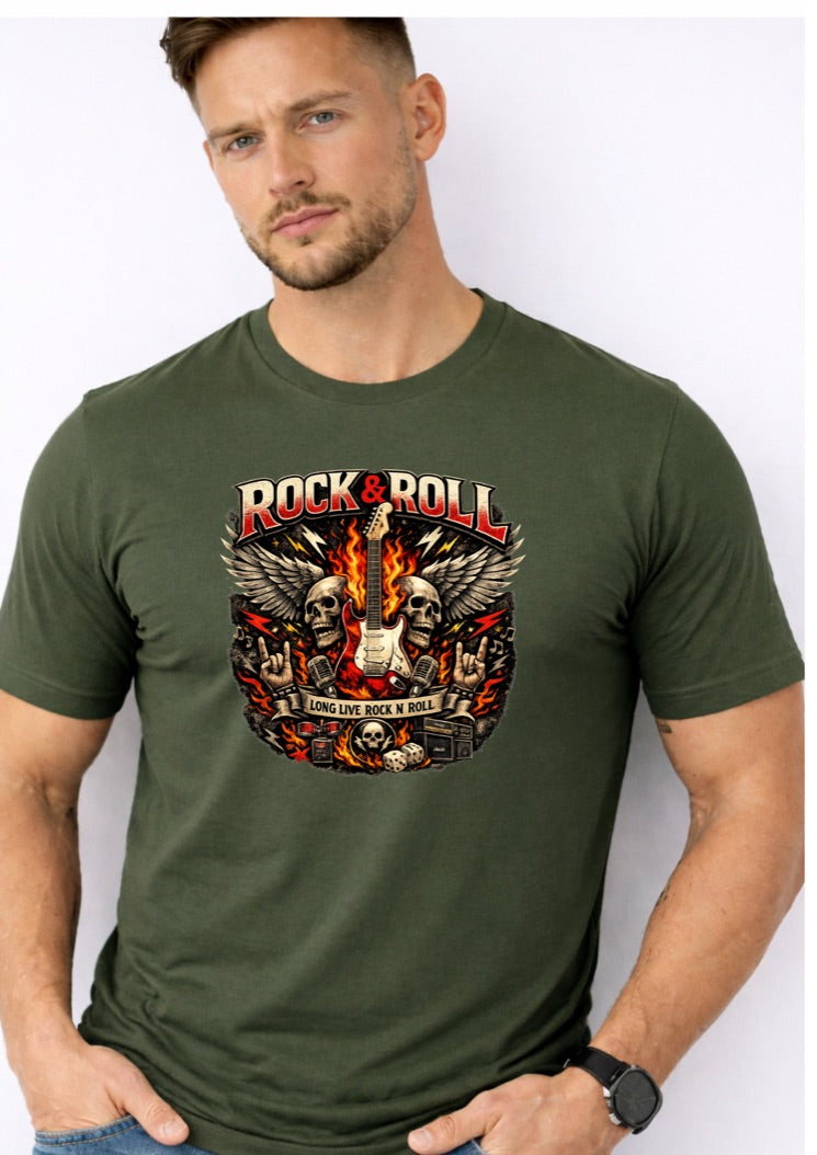 Rock & Roll Skull Graphic T-Shirt – Long Live Rock N Roll Guitar Tee – Vintage Rocker Shirt