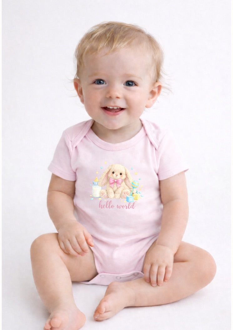Pink Hello World Bunny Baby Bodysuit – Cute Newborn Announcement Outfit, Soft Neutral Baby Onesie
