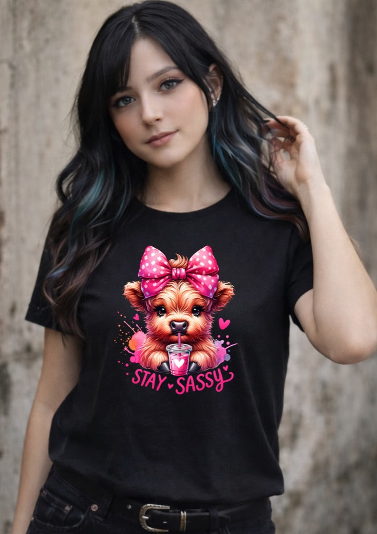 Stay Sassy Highland Cow Graphic T-Shirt – Cute Cow with Bow Unisex Tee - Soft Cotton Everyday Shirt