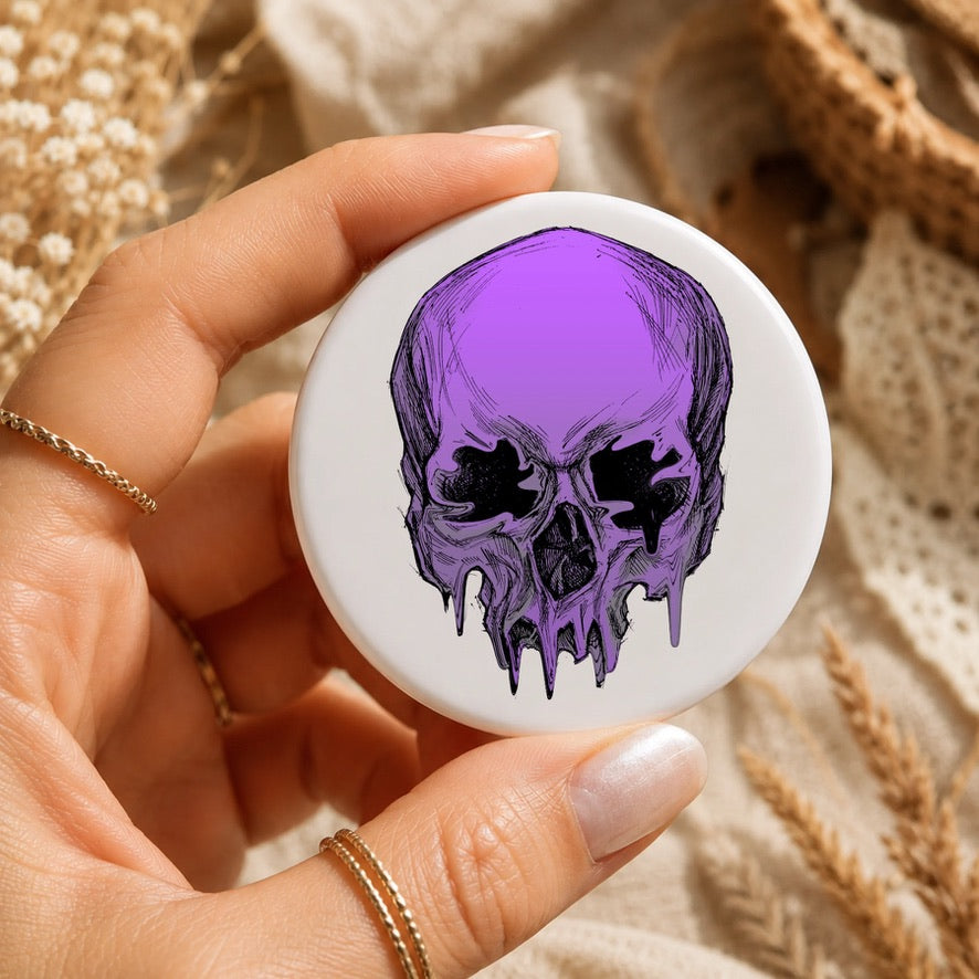 Purple Gothic Skull Badge | Alternative Skull Pin Badge | Gothic Button Badge | Halloween Accessory | Punk & Emo Gift