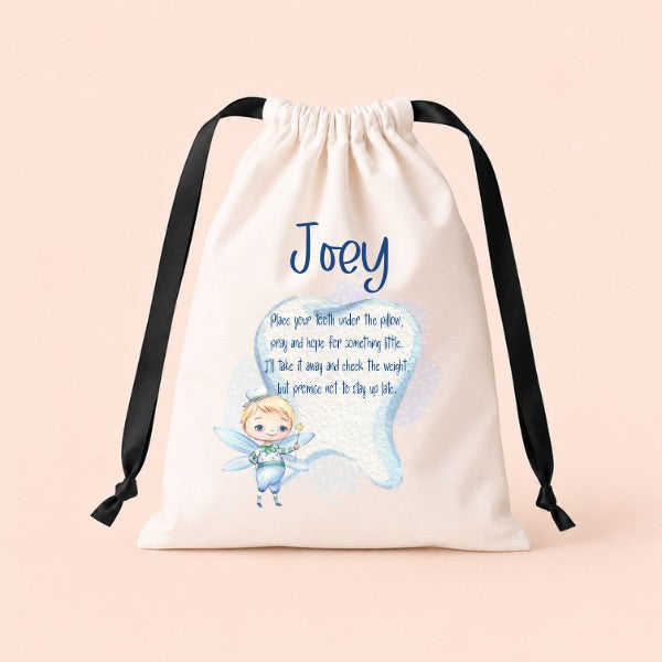 Personalised Blue Tooth Fairy Quote Bed Drawstring Bag | Custom Tooth Fairy Keepsake Bag | Personalised Lost Tooth Bag | Tooth Fairy Gift | Children's Tooth Pillow Alternative