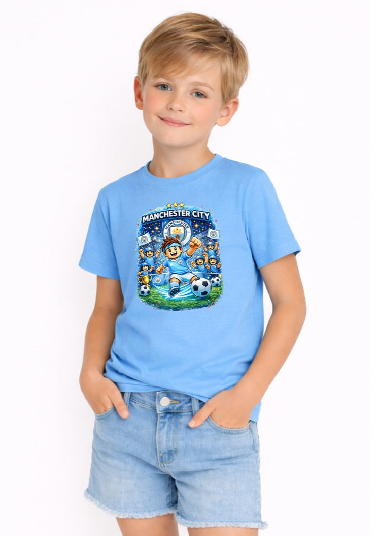 Manchester Football Kids T-Shirt – Blue Soccer Fan Graphic Tee for Boys