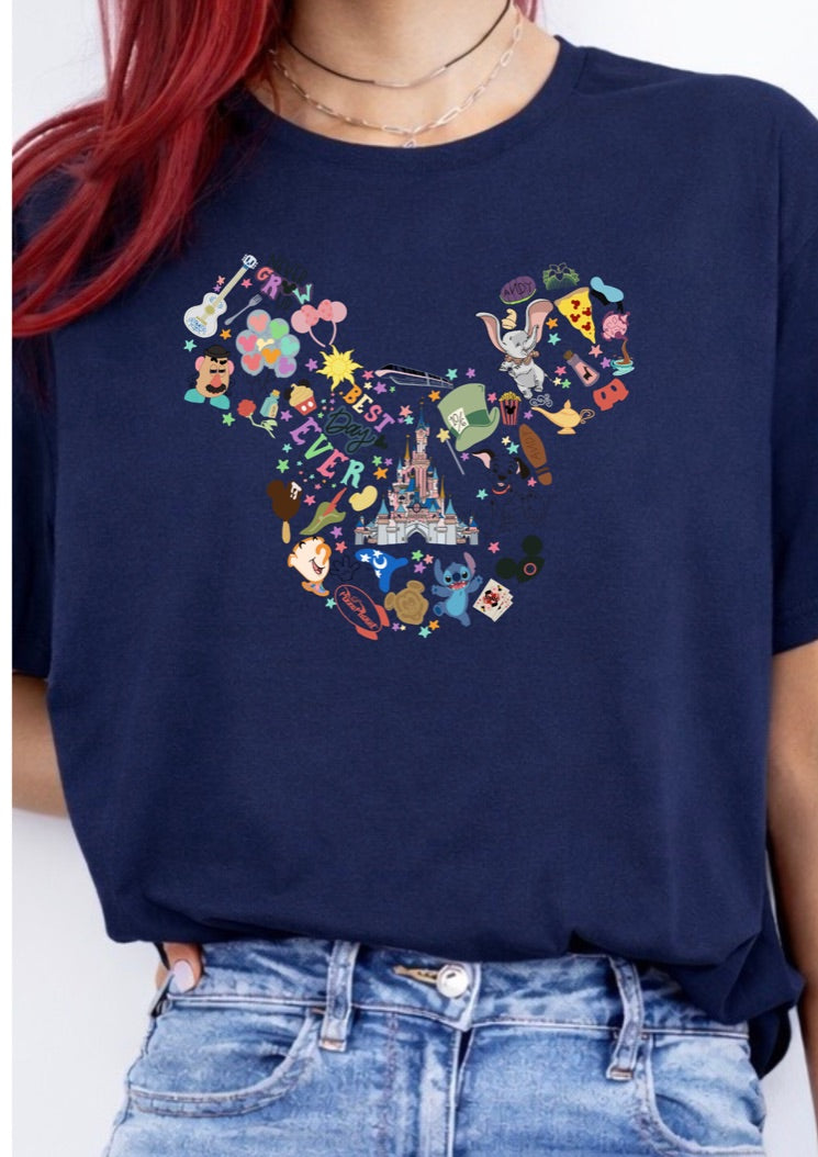 Magical Memories Mouse Head Collage T-Shirt – Theme Park Inspired Character Graphic Tee