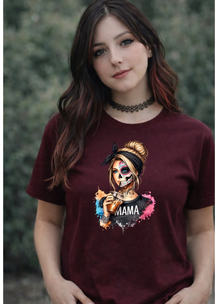 Sugar Skull Mama T-Shirt – Day of the Dead Mom Graphic Tee, Gothic Coffee Lover Shirt