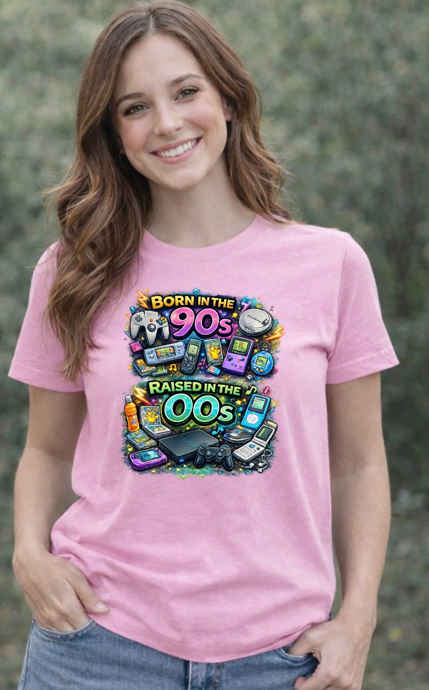 Born in the 90s Raised in the 00s T-Shirt – Retro Gaming Nostalgia Unisex Tee | Millennial Graphic Shirt
