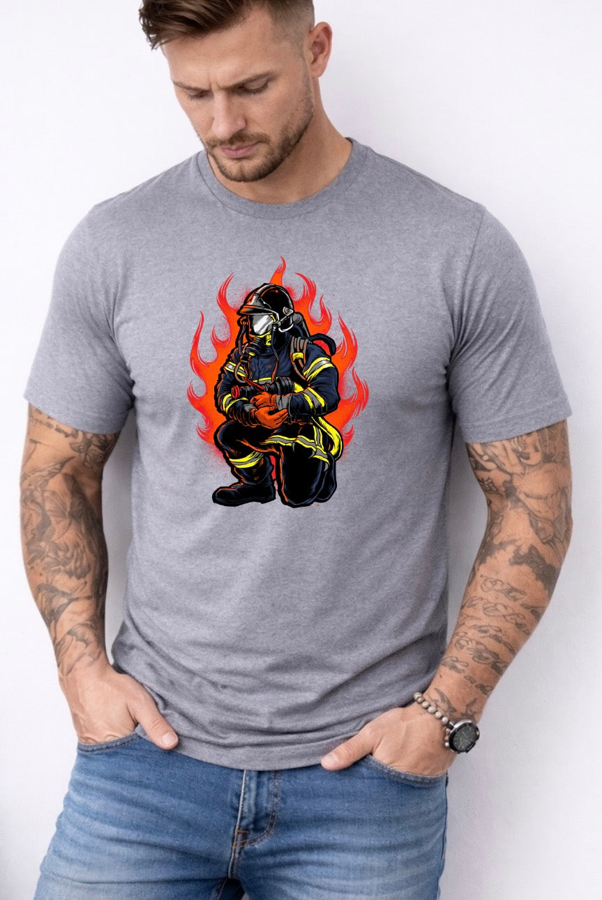 Firefighter Graphic T-Shirt – Kneeling Firefighter in Flames Unisex Tee | Fire Service Pride Shirt