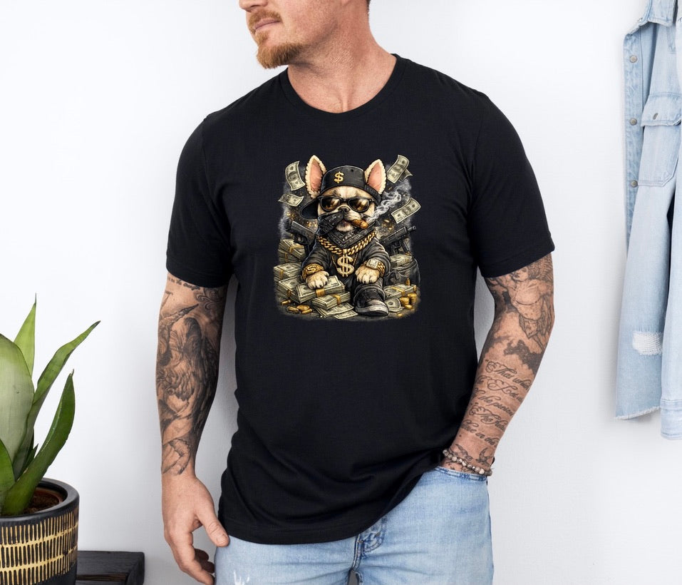 Gangster French Bulldog Graphic T-Shirt – Streetwear Money Dog Unisex Tee | Urban Hip Hop Style Shirt