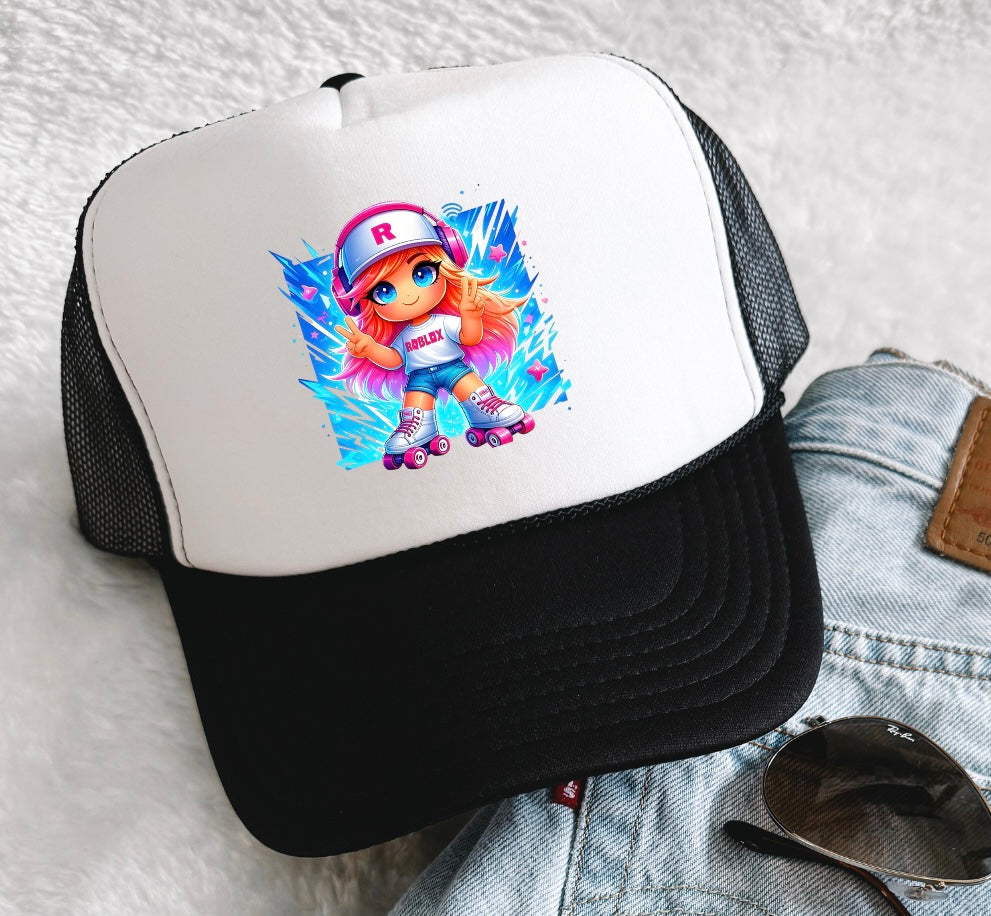 Cute Gamer Girl Roller Skate Kids Trucker Cap | Cartoon Gaming Kids Baseball Hat